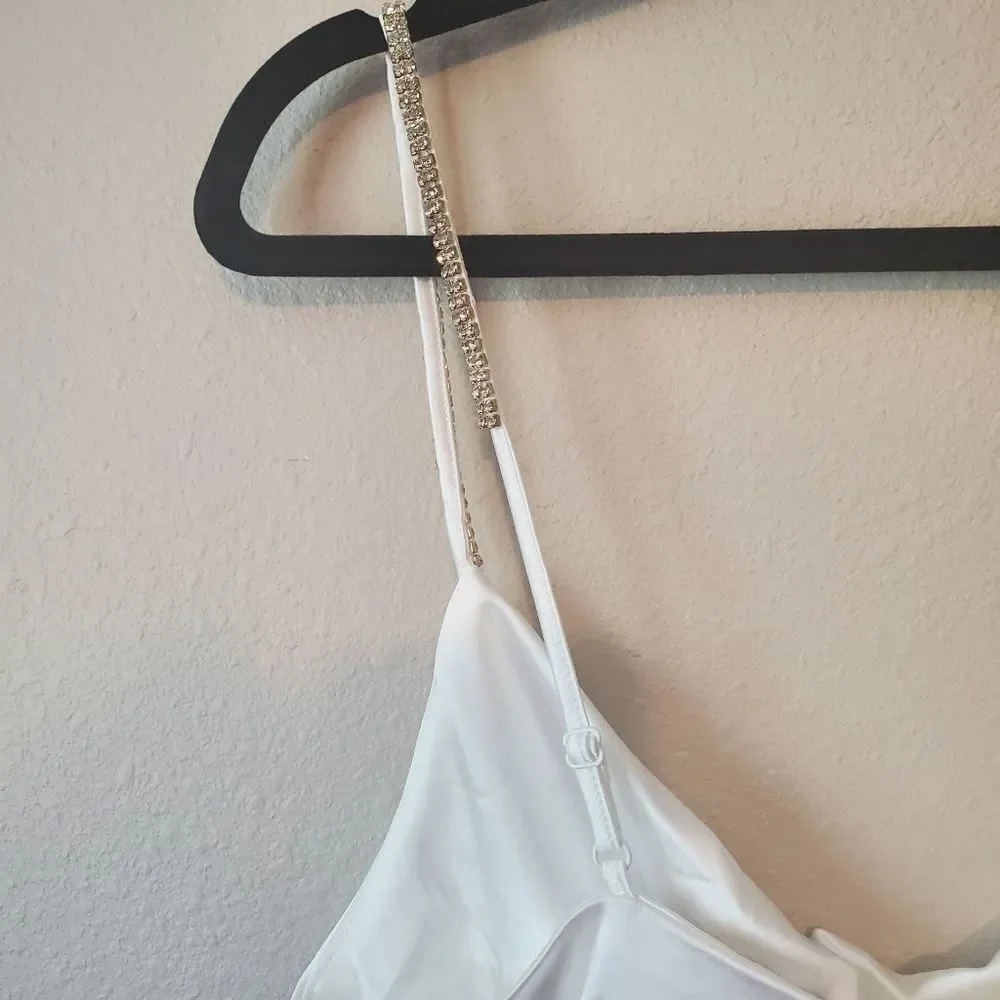 Elliatt White Jacinda Asymmetrical Satin Crystal Strap Dress Size Small - Picture 8 of 15
